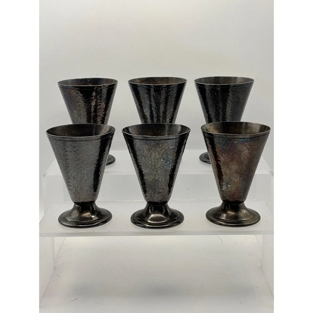 Set of 6 Reed & Barton 12 Hammered‎ Silver Plate Cordial Goblets Glasses Vintage